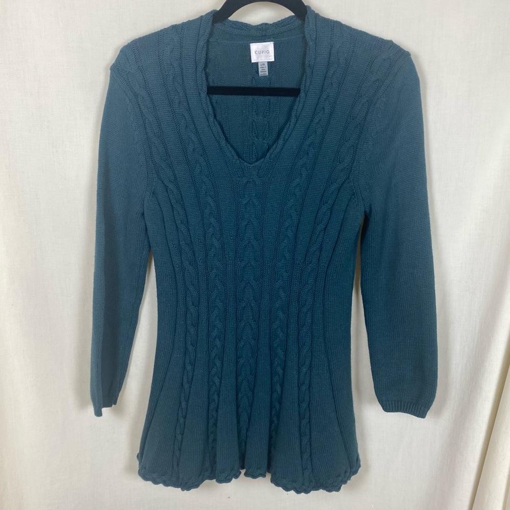 Cupio Cotton Rayon Fitted 3/4 SleeveTeal Sweater